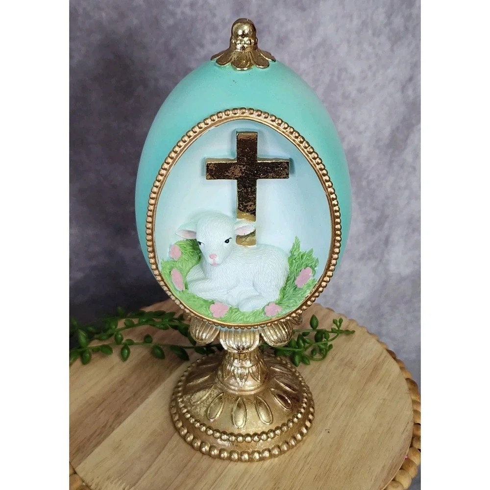 Easter Diorama Green Gold Sheep Lamb Cross Figurine Pedestal Resin 10